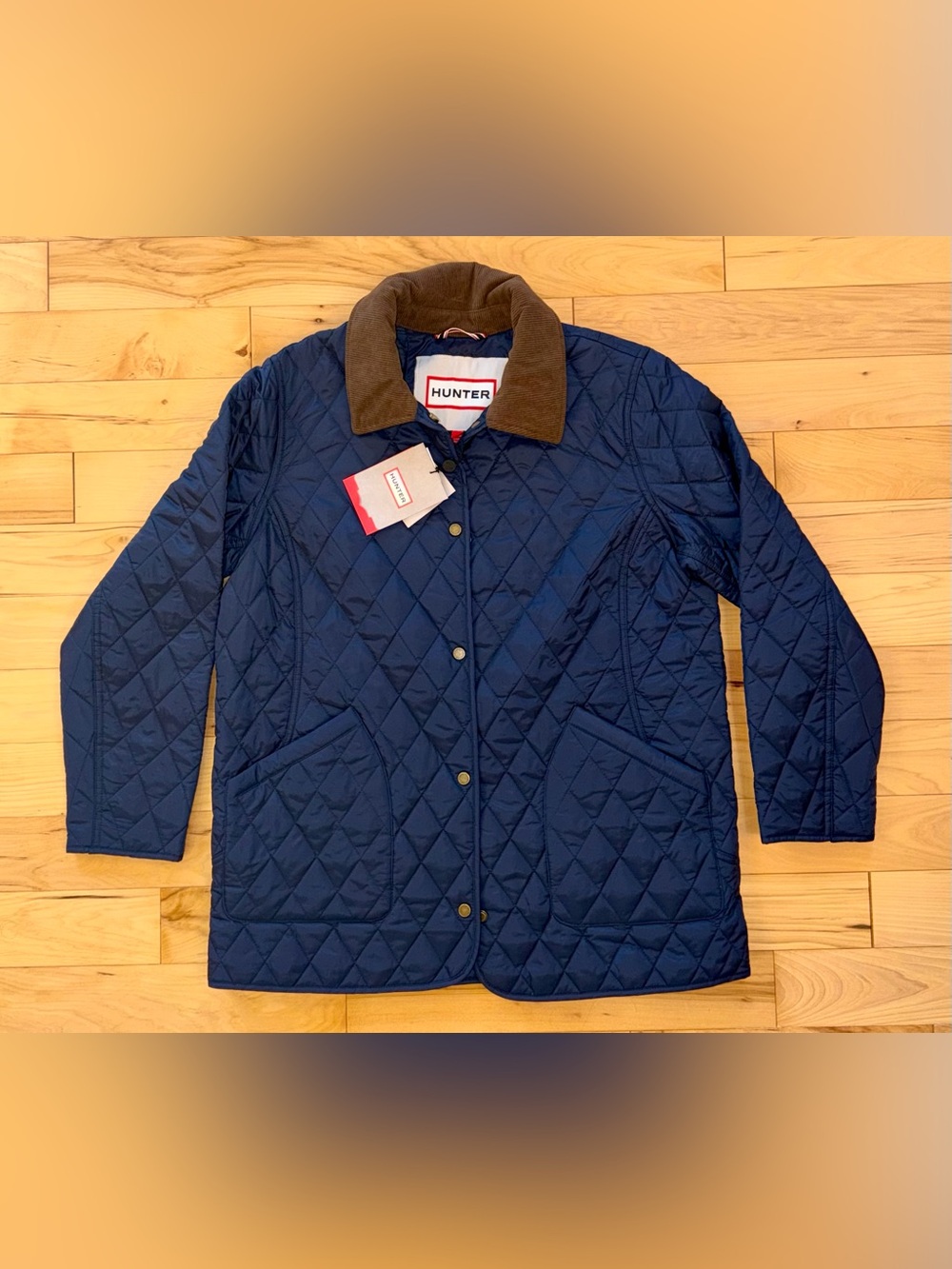 Hunter Rachel Navy Quilted Puffer Jacket with Brown Corduroy Collar Women New - Picture 2 of 13